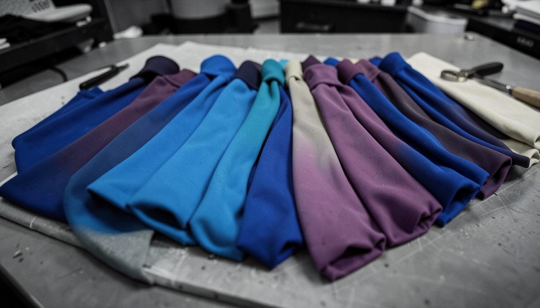 Bolts of solid cotton lycra in jewel tones lined up on a cutting table
